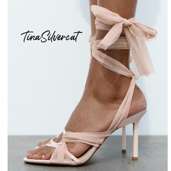 Zara Tulle Heel Sandals Pink NWT - Picture 1 of 10